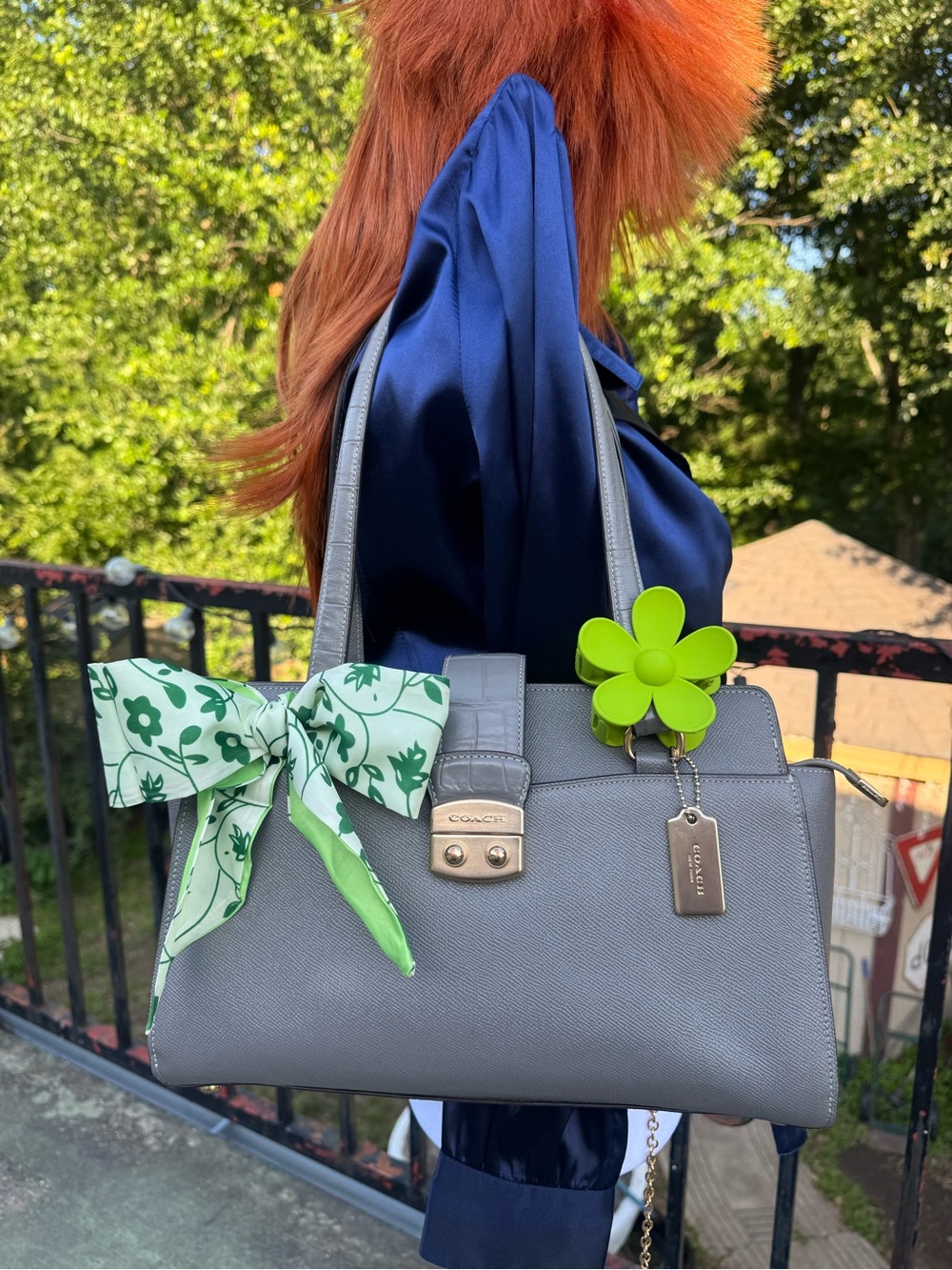 Coach Gray Leather Satchel with Lime Flower Charm and Green Bow